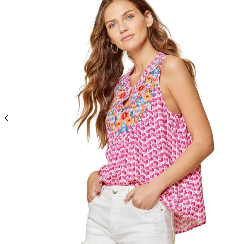 Savanna Jane Rosa Geo Print Floral Embroidered Sleeveless Blouse Size Large